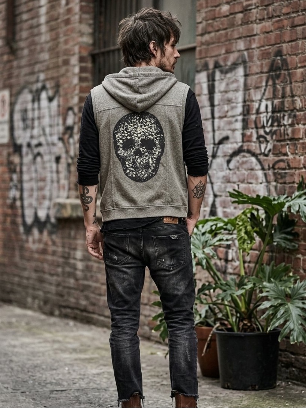 Upcycled skull patch punk rock & republic hooded vest